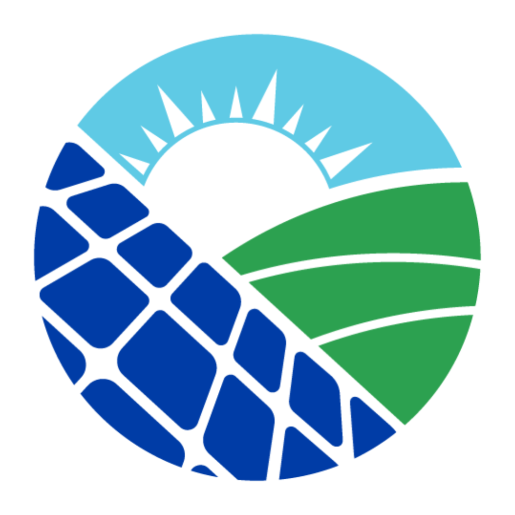 SRP Clean Energy Team Logo featuring a sun rising over solar panels and a hill